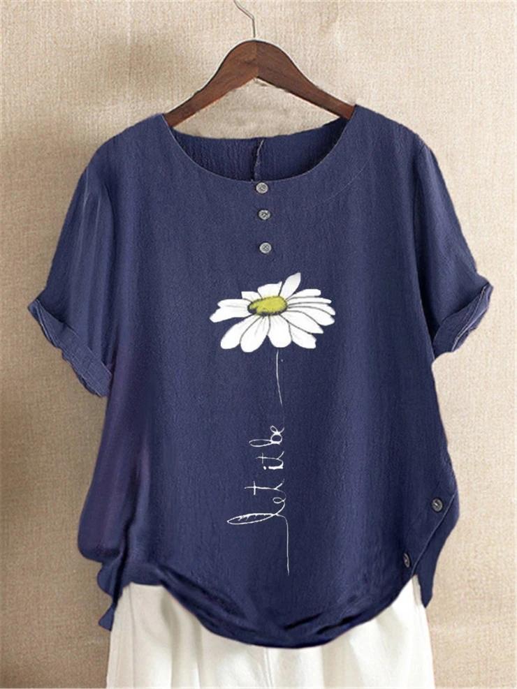 Casual Floral-Print Cotton&Linen Short Sleeve Shirts & Tops