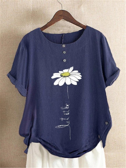 Casual Floral-Print Cotton&Linen Short Sleeve Shirts & Tops