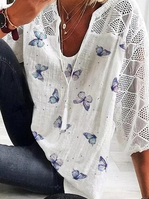 Butterfly Printed Floral Short Sleeve V Neck T-Shirt Top
