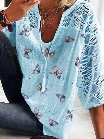 Butterfly Printed Floral Short Sleeve V Neck T-Shirt Top