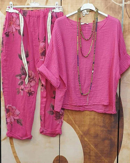 Comfortable Loose Print 3/4 Sleeve Two Piece Suit