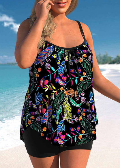 Leaf Print Black Tankini Set