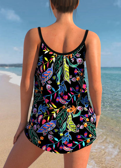 Leaf Print Black Tankini Set