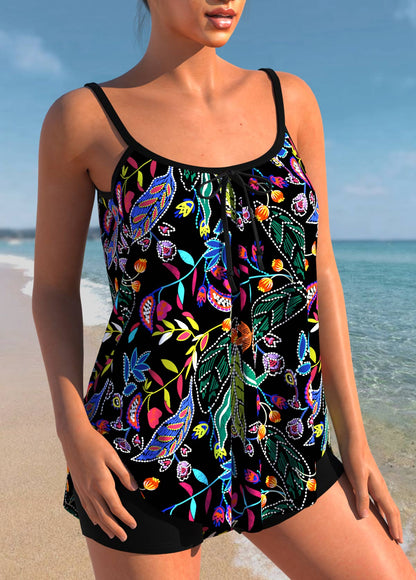 Leaf Print Black Tankini Set