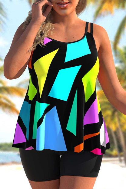 COLORFUL PLUS SIZE GEOMETRIC PRINT TANKINI SET
